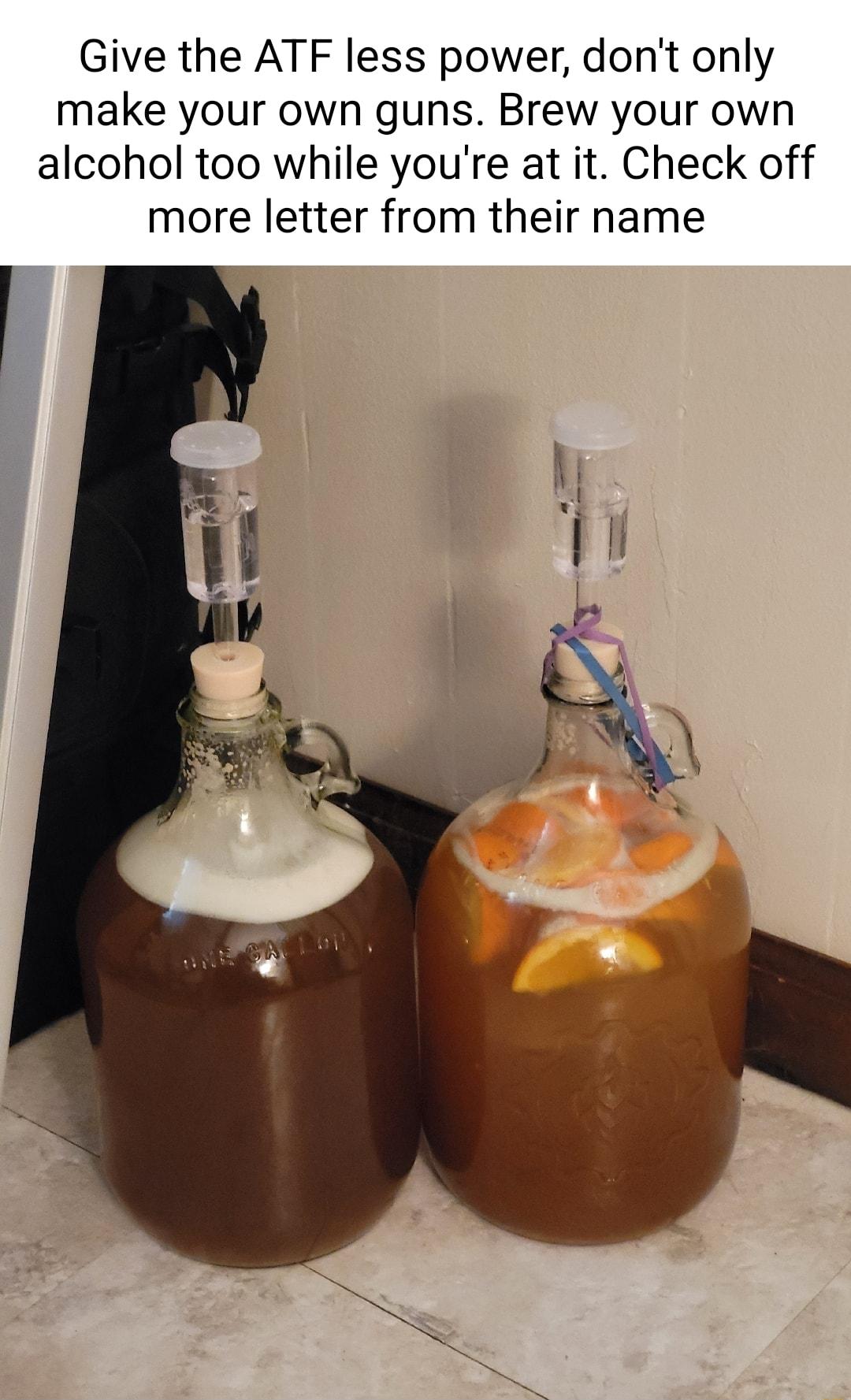 Give the ATF less power dont only make your own guns Brew your own alcohol too while youre at it Check off more letter from their name