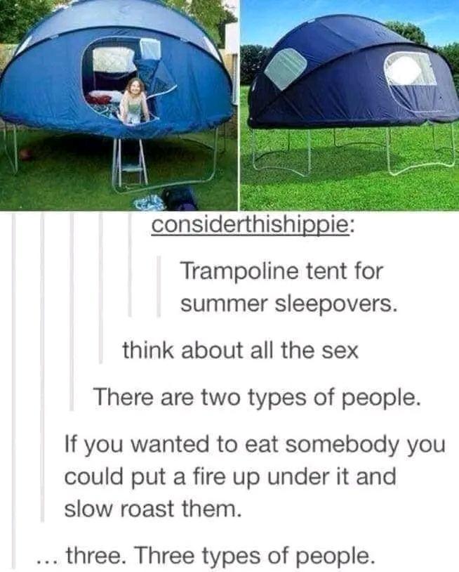 considerthishippie Trampoline tent for summer sleepovers think about all the sex There are two types of people If you wanted to eat somebody you could put a fire up under it and slow roast them three Three types of people