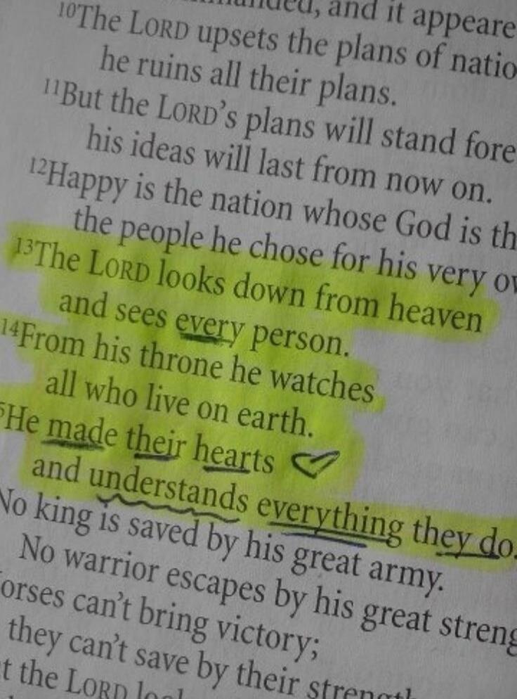 The LORD looks down from heaven and sees every person. From his throne he watches all who live on earth. He made their hearts and understands everything they do.