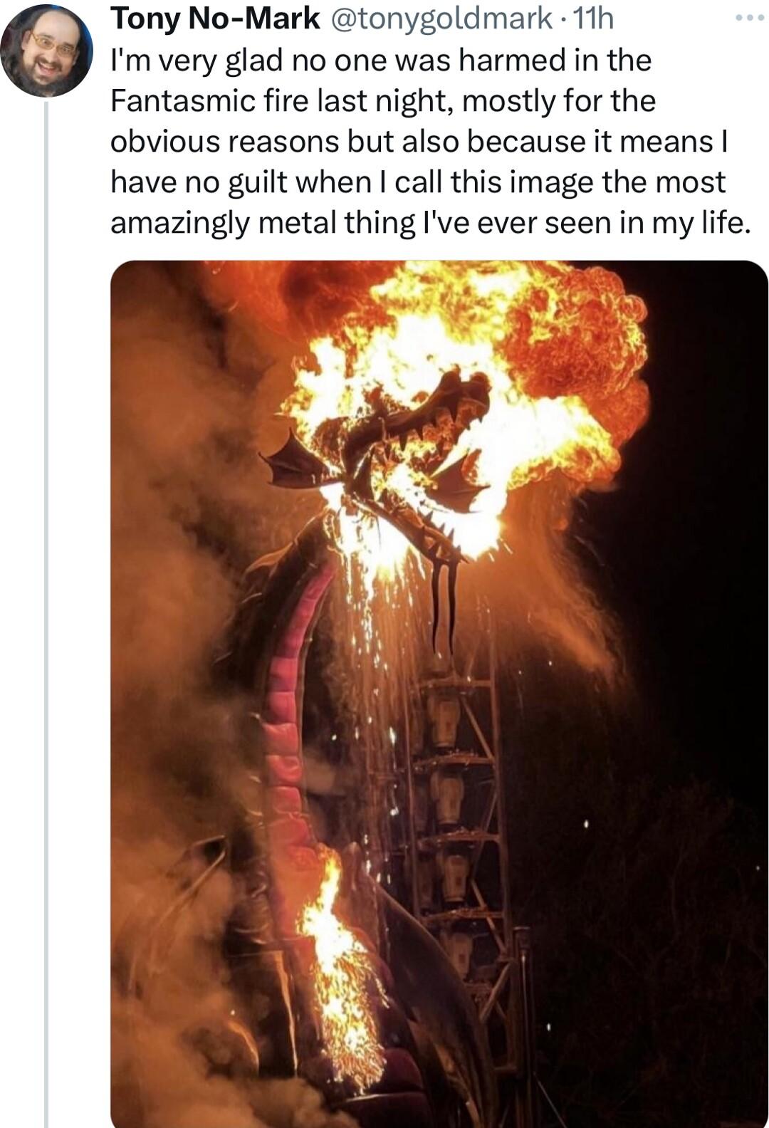 Tony No Mark tonygolc Im very glad no one was harmed in the Fantasmic fire last night mostly for the obvious reasons but also because it means have no guilt when call this image the most amazingly metal thing Ive ever seen in my life