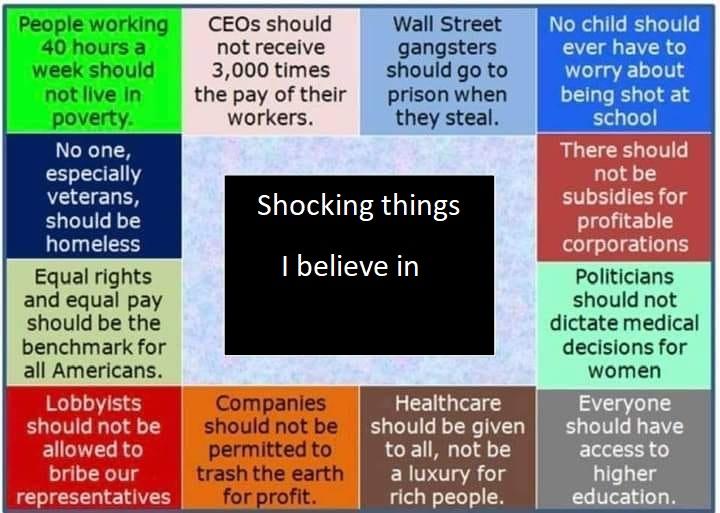 No one especially veterans should be homeless Equal rights and equal pay should be the benchmark for all Americans CEOsshould Wall Street not receive gangsters 3000times shouldgo to e pay of their prisonwhen orkers they steal Shocking things believe in No child should ever have to worry about being shot at school Politicians should not dictate medical decisions for