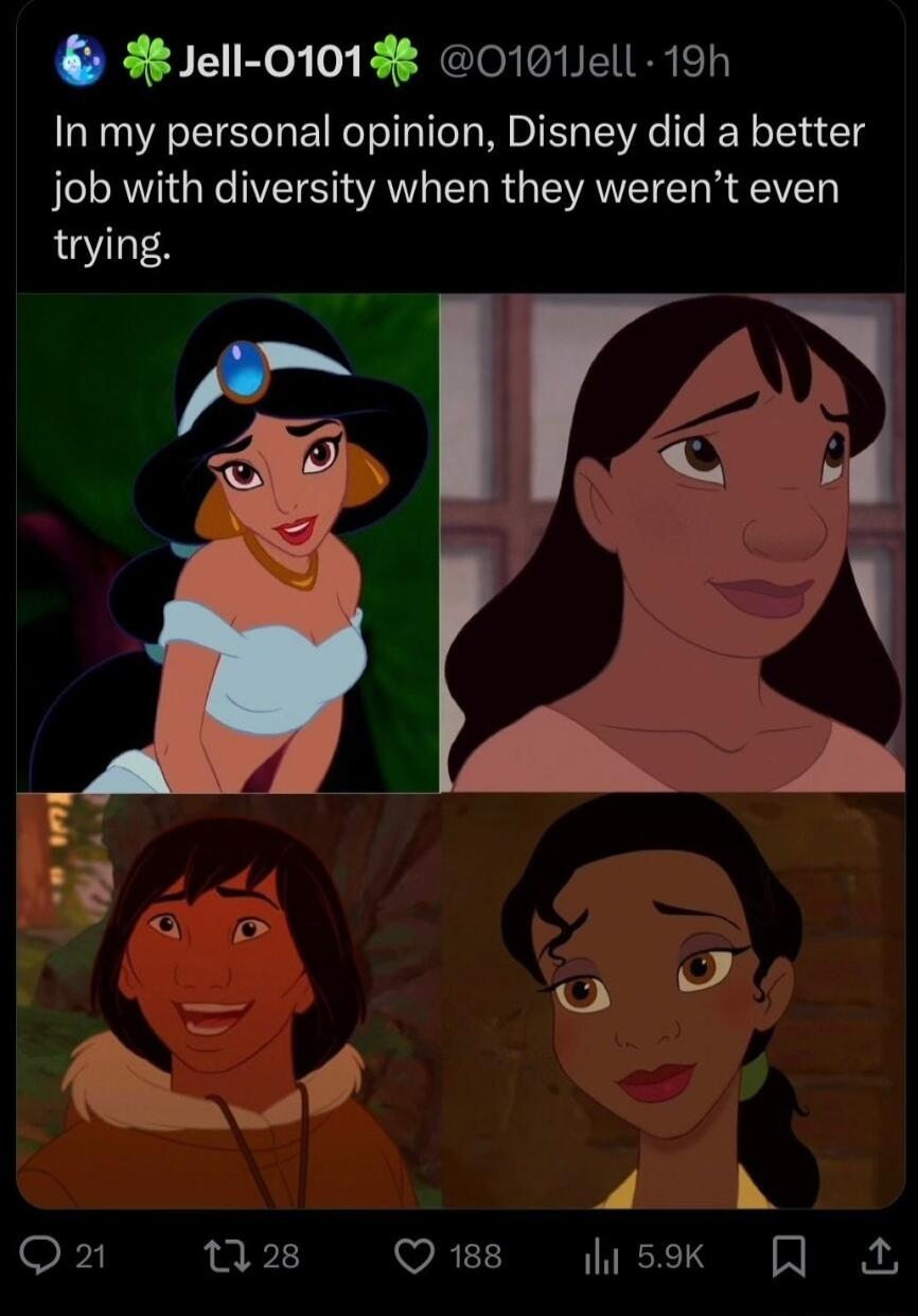 Jell 01018 0101Jell 19h In my personal opinion Disney did a better job with diversity when they werent even trying VRN k 2 Qs sk R A