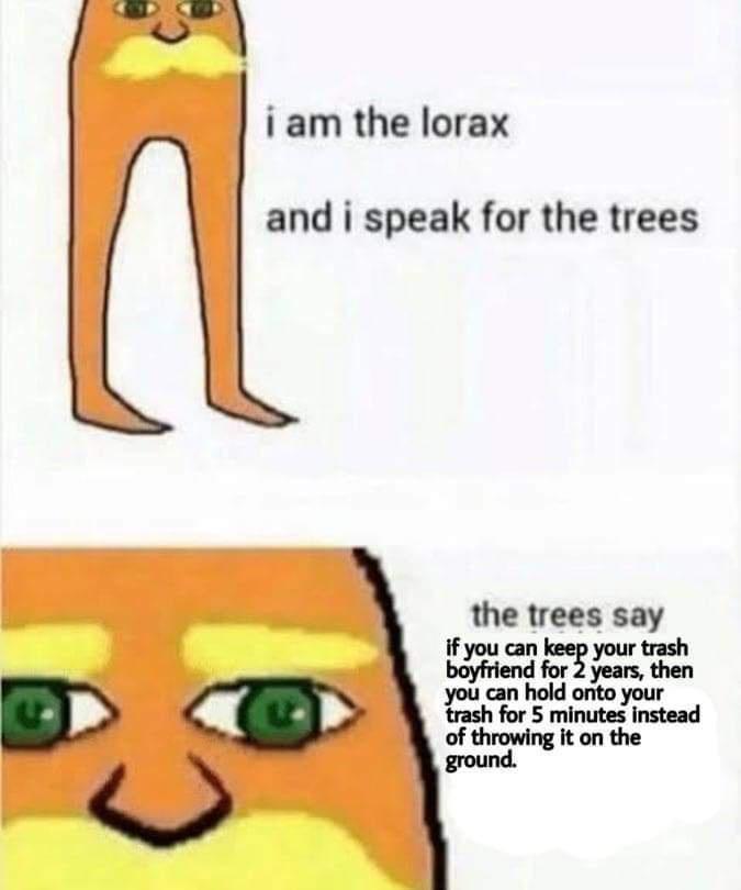 i am the lorax and i speak for the trees the trees say if you can r trash boyyrulmdmgaulsdm can hold onto your m for5 mlnumyusmd of throwing it on the ground