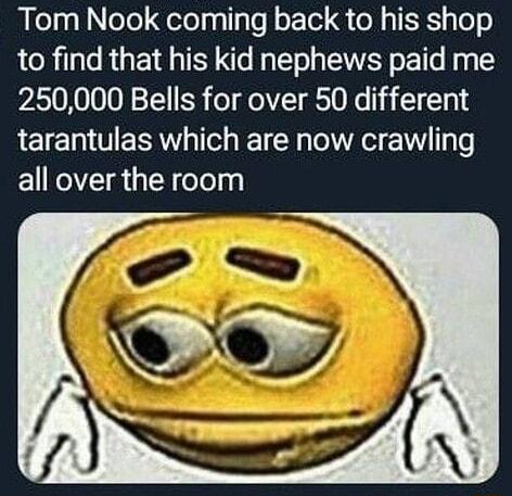 Tom Nook coming back to his shop to find that his kid nephews paid me 250000 Bells for over 50 different tarantulas which are now crawling all over the room