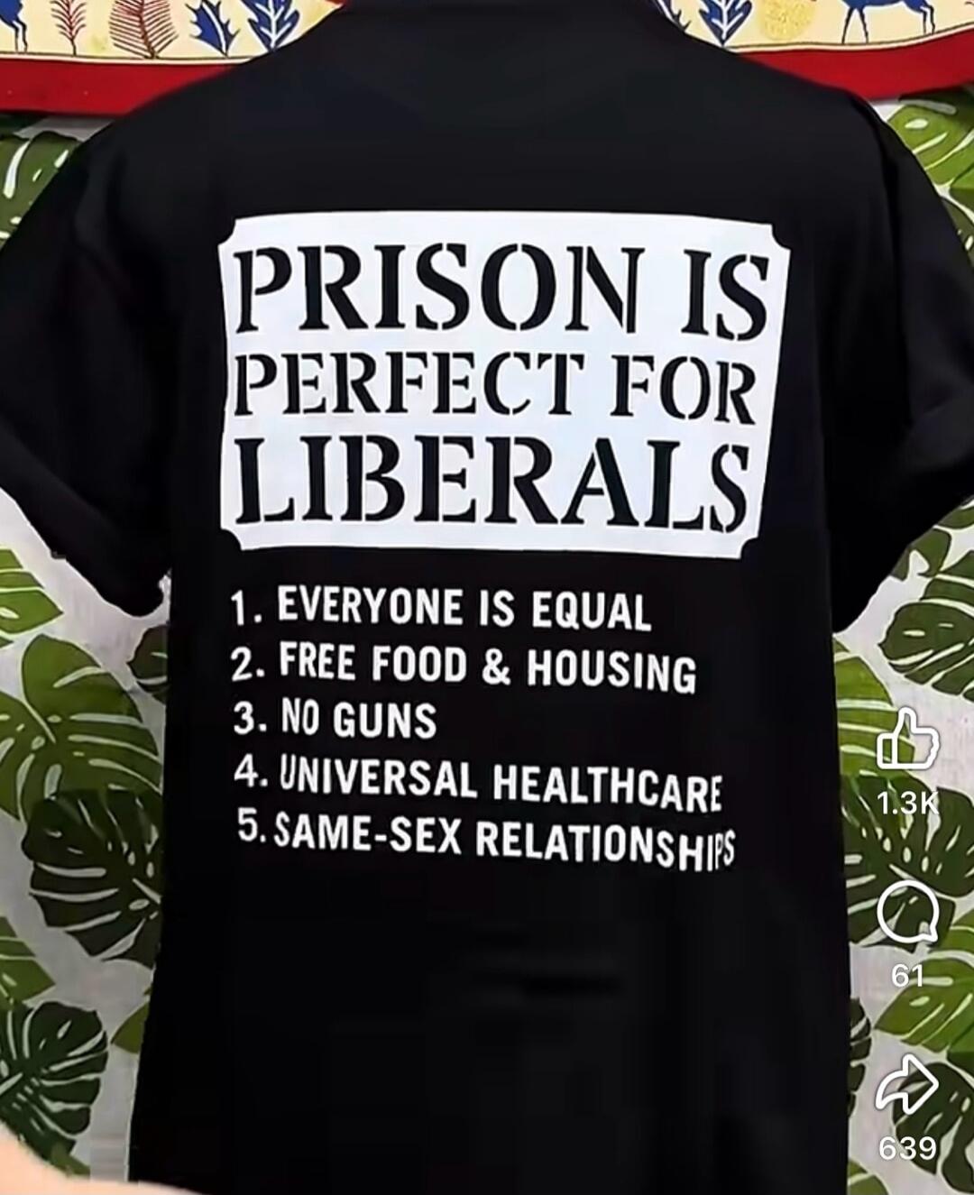 PRISON IS PERFECT FOR LIBERALS 1. EVERYONE IS EQUAL 2. FREE FOOD & HOUSING 3. NO GUNS 4. UNIVERSAL HEALTHCARE 5. SAME-SEX RELATIONSHIPS