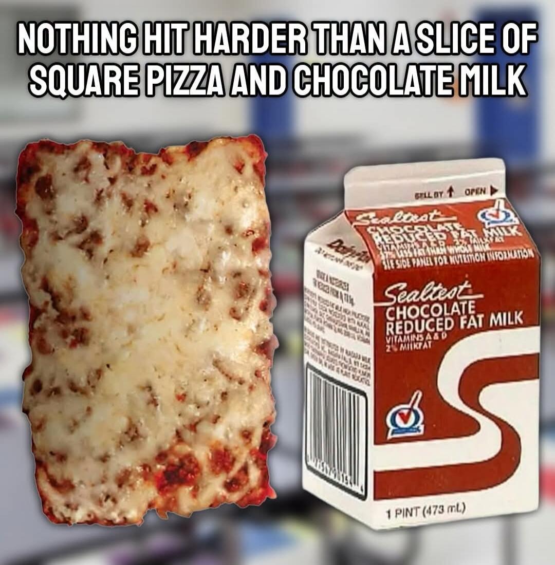 NOTHING HIT HARDER THAN A SLICE OF SQUARE PIZZA AND CHOCOLATE MILK. Sealtest Chocolate Reduced Fat Milk, Vitamins A & D, 2% Milkfat, 1 Pint (473 mL).