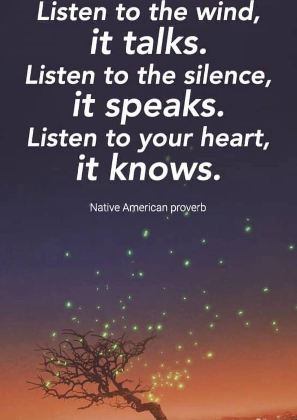 Listen to the wind, it talks. Listen to the silence, it speaks. Listen to your heart, it knows. Native American proverb