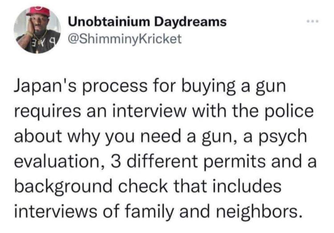 Unobtainium Daydreams ShimminyKricket Japans process for buying a gun requires an interview with the police about why you need a gun a psych evaluation 3 different permits and a background check that includes interviews of family and neighbors
