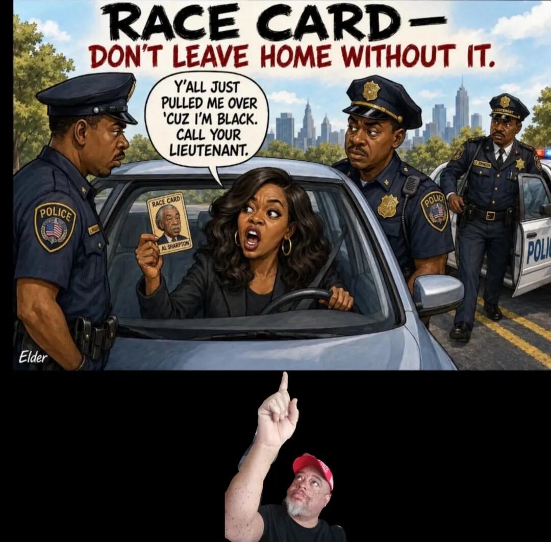 RACE CARD - DON'T LEAVE HOME WITHOUT IT. Y'ALL JUST PULLED ME OVER 'CUZ I'M BLACK. CALL YOUR LIEUTENANT. RACE CARD AL SHARPTON POLICE Elder