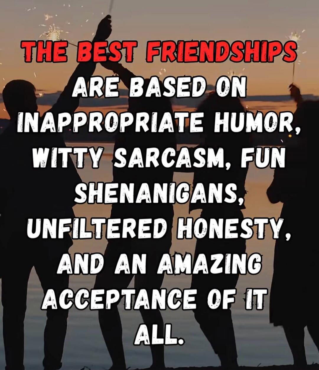 THE BEST FRIENDSHIPS ARE BASED ON INAPPROPRIATE HUMOR, WITTY SARCASM, FUN SHENANIGANS, UNFILTERED HONESTY, AND AN AMAZING ACCEPTANCE OF IT ALL.