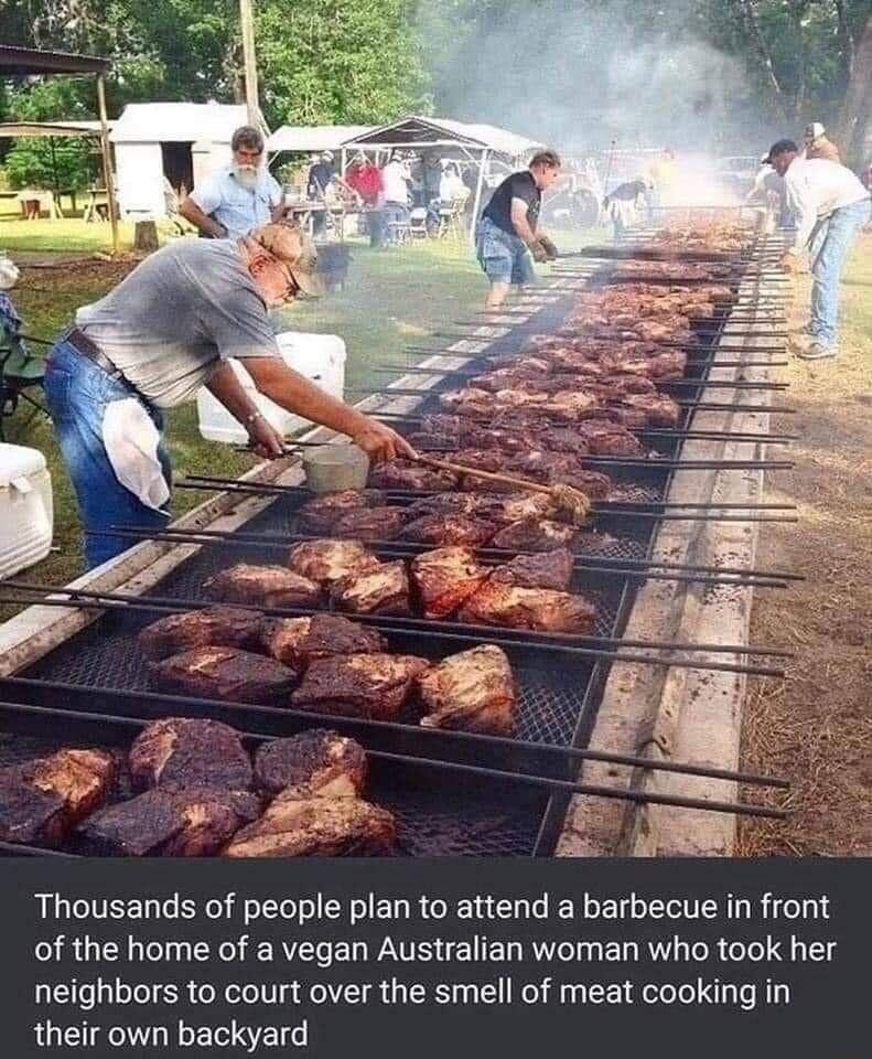 Thousands of people plan to attend a barbecue in front of the home of a vegan Australian woman who took her neighbors to court over the smell of meat cooking in their own backyard