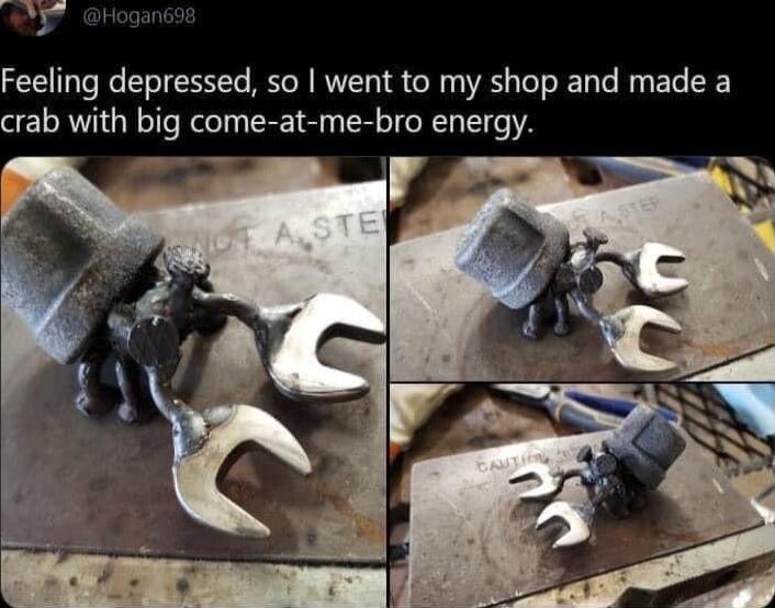 Feeling depressed so went to my shop and made a crab with big come at me bro energy