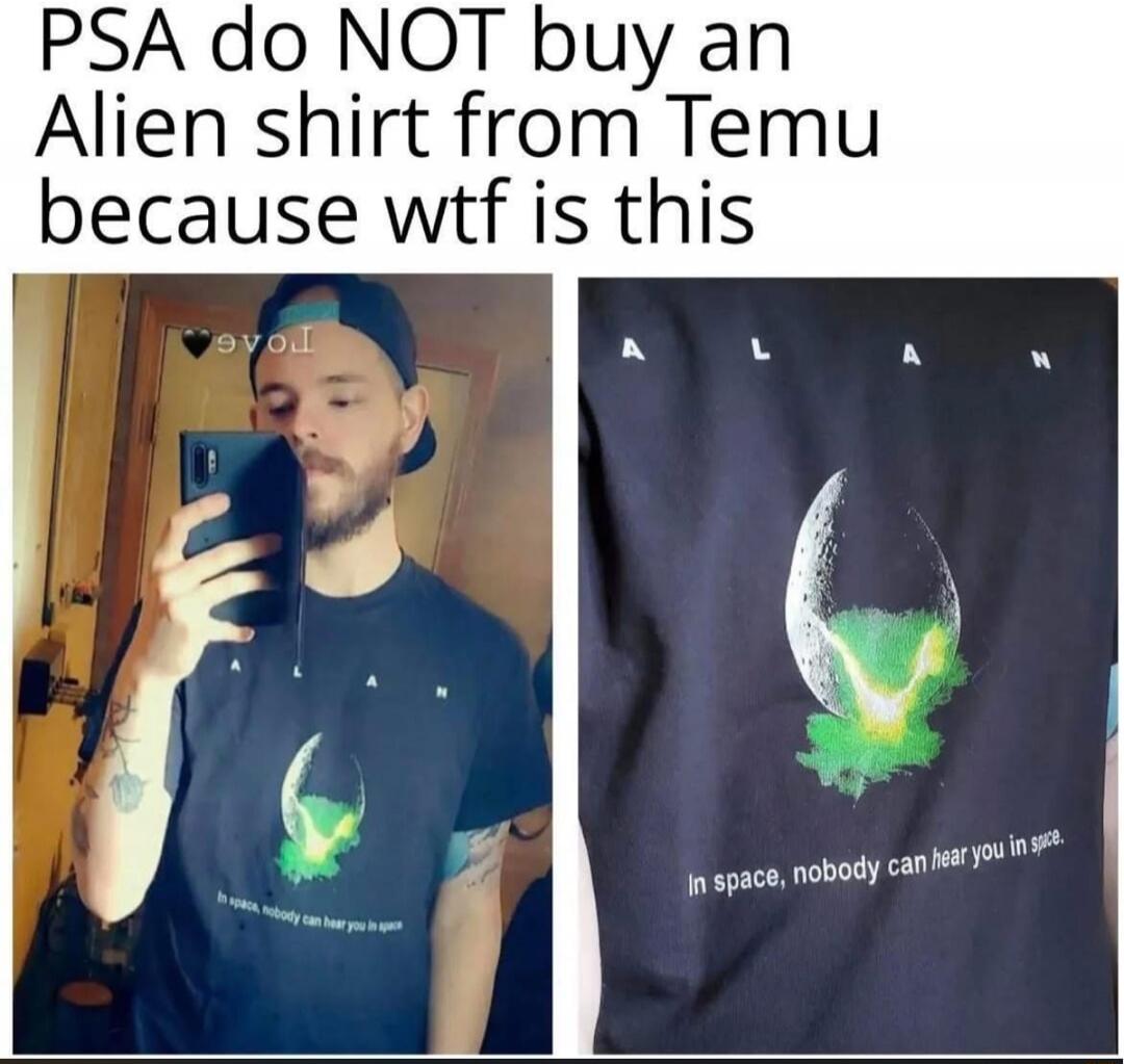 PSA do NOT buy an Alien shirt from Temu because wtf is this

In space, nobody can hear you say
