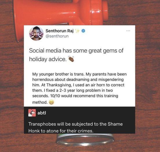 o SenthorunRaj thorun Social media has some great gems of holiday advice My younger brother is trans My parents have been horrendous about deadnaming and misgendering him At Thanksgiving used an air horn to correct them I fixed a 2 3 year long problem in two seconds 1010 would recommend this training method Wi abt Transphobes will be subjected to the Shame Honk to atone for their crimes