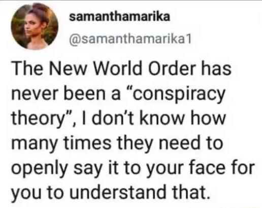 samanthamarika samanthamarikal The New World Order has never been a conspiracy theory dont know how many times they need to openly say it to your face for you to understand that