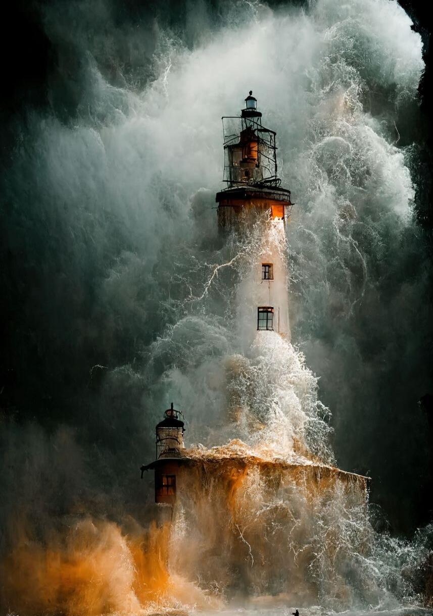Lighthouse standing amid massive waves during a storm.