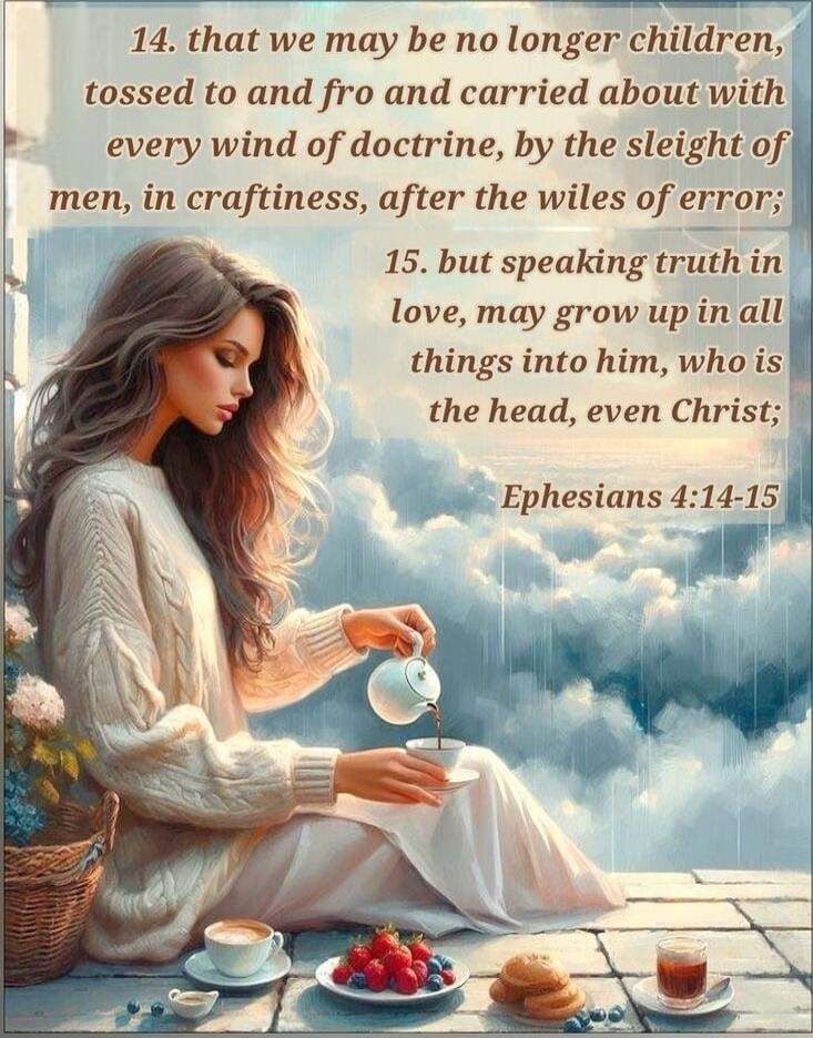 14. that we may be no longer children, tossed to and fro and carried about with every wind of doctrine, by the sleight of men, in craftiness, after the wiles of error;\n15. but speaking truth in love, may grow up in all things into him, who is the head, even Christ;\nEphesians 4:14-15