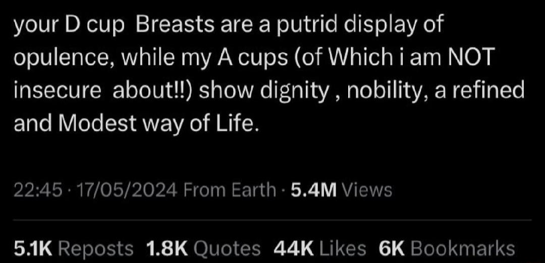 your D cup Breasts are a putrid display of opulence, while my A cups (of Which i am NOT insecure about!!) show dignity , nobility, a refined and Modest way of Life.