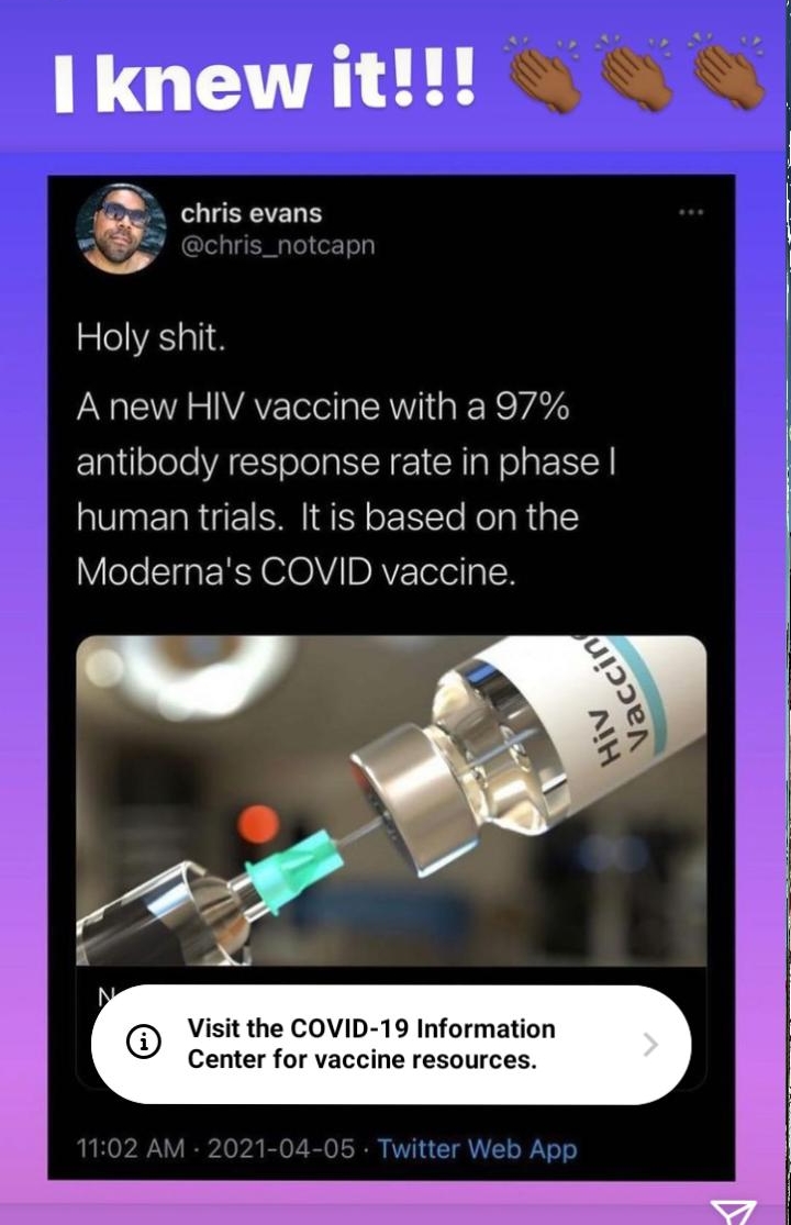 NGV S EREVED S Holy shit A new HIV vaccine with a 97 antibody response rate in phase human trials It is based on the Yele l a ERY GIOV DAVZTelel oI Visit the COVID 19 Information Center for vaccine resources