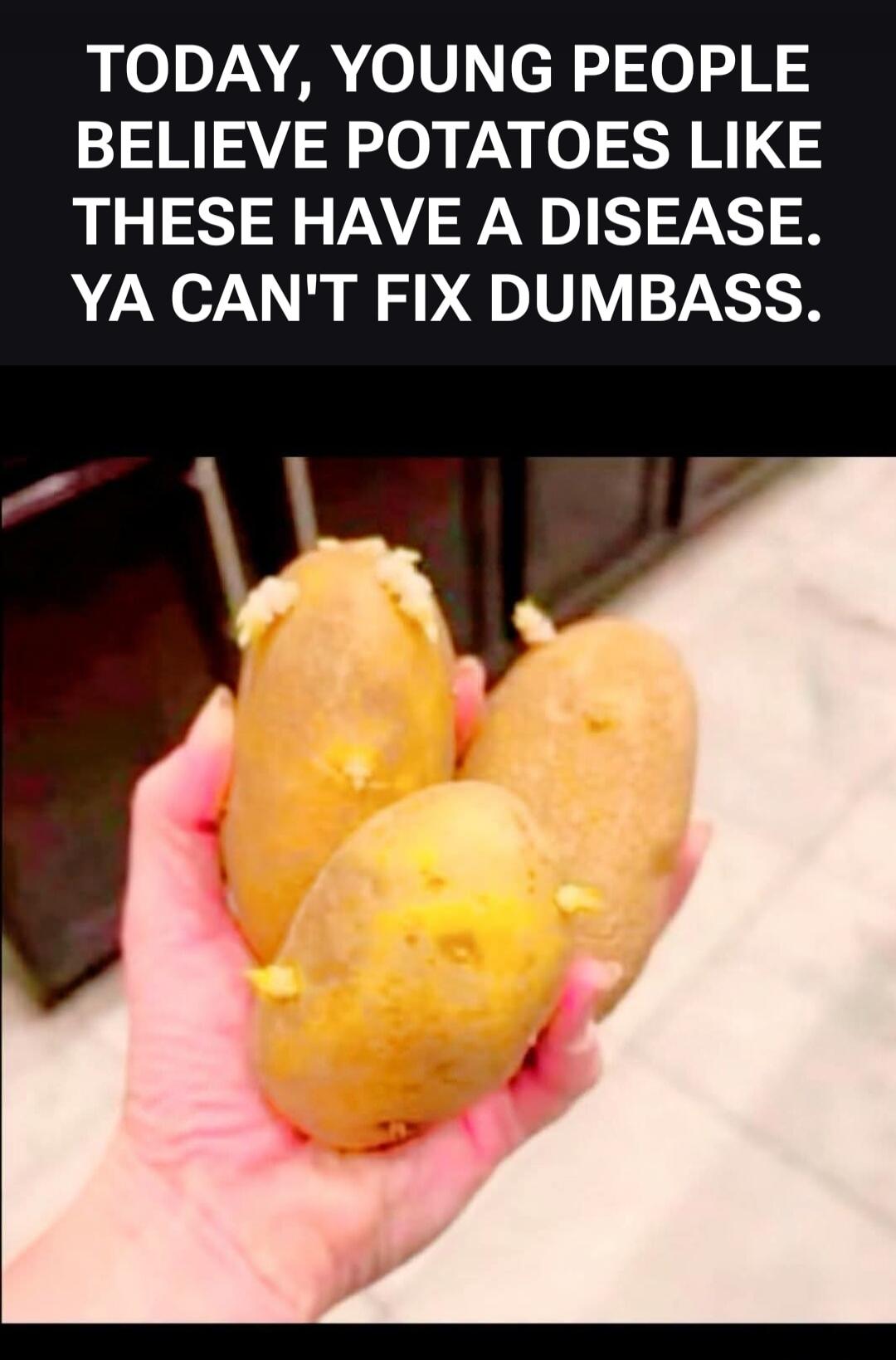 TODAY, YOUNG PEOPLE BELIEVE POTATOES LIKE THESE HAVE A DISEASE. YA CAN'T FIX DUMBASS.
