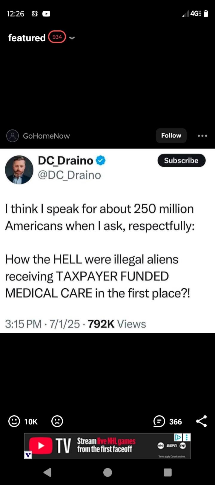 I think I speak for about 250 million Americans when I ask, respectfully: How the HELL were illegal aliens receiving TAXPAYER FUNDED MEDICAL CARE in the first place?! Stream live NHL games from the first faceoff.