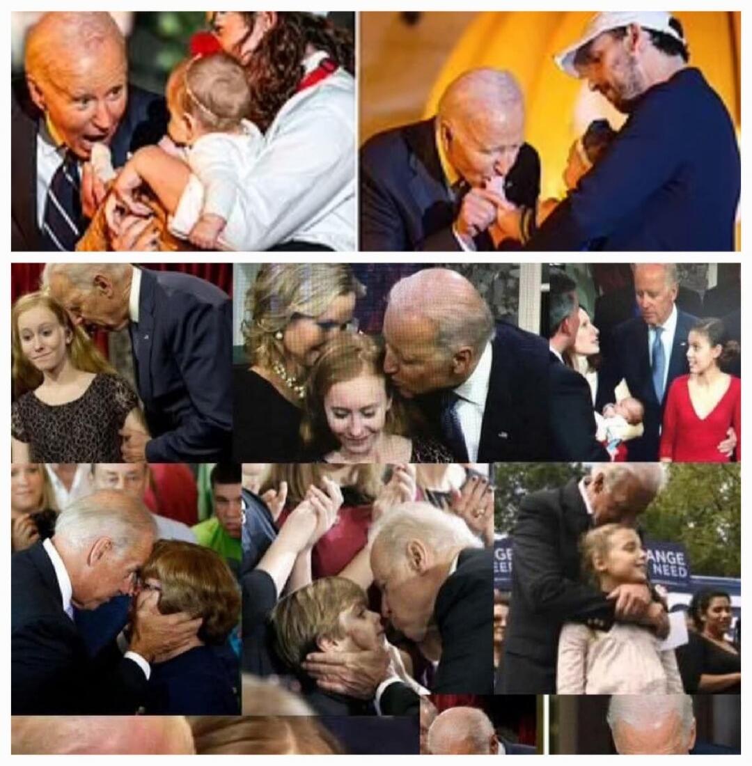 A collage of images showing Joe Biden interacting closely with various individuals, including babies, young girls, and adult women. The interactions include kissing, touching, and close physical proximity.