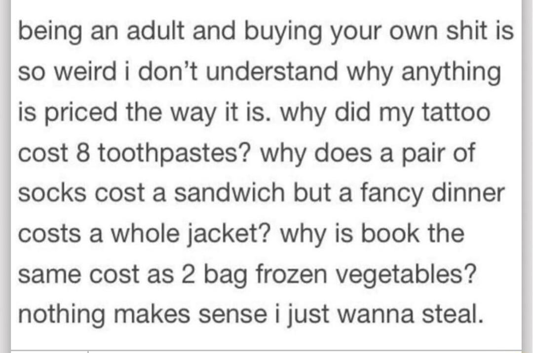 being an adult and buying your own shit is so weird i dont understand why anything is priced the way it is why did my tattoo cost 8 toothpastes why does a pair of socks cost a sandwich but a fancy dinner costs a whole jacket why is book the same cost as 2 bag frozen vegetables nothing makes sense i just wanna steal