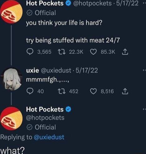 Hot Pockets hotpockets 51722 Official you think your life is hard try being stuffed with meat 247 3565 1 223k Q 853k 1 uxie uxiedust 51722 a mmmmfgh Qa0 42 Q856 Hot Pockets hotpockets Official RETYI S GRGIVIIEG TET what