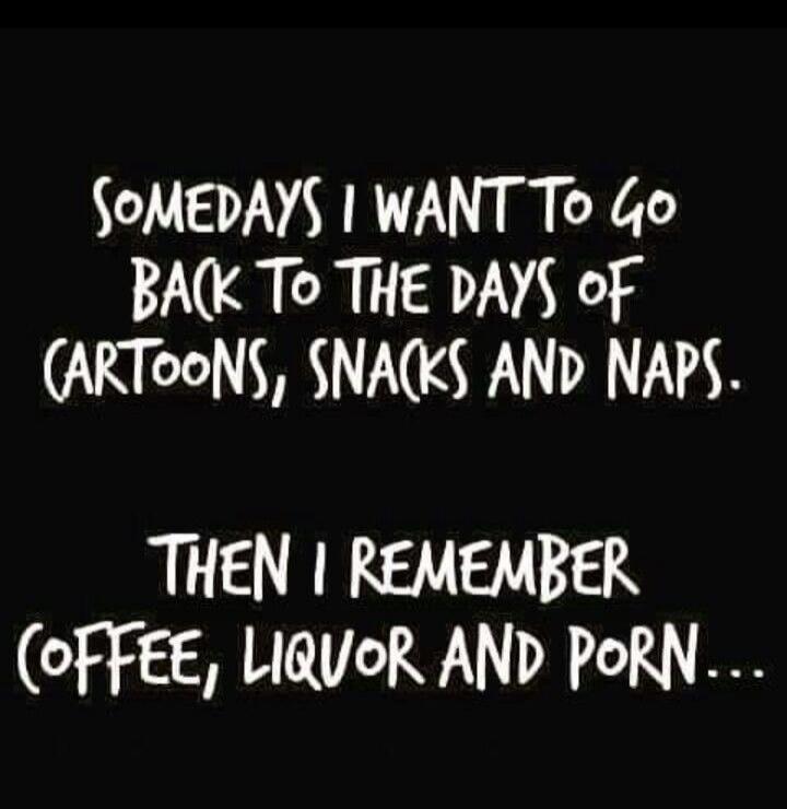 SOMEDAYS I WANT TO GO BACK TO THE DAYS OF CARTOONS, SNACKS AND NAPS. THEN I REMEMBER (COFFEE, LIQUOR AND PORN...