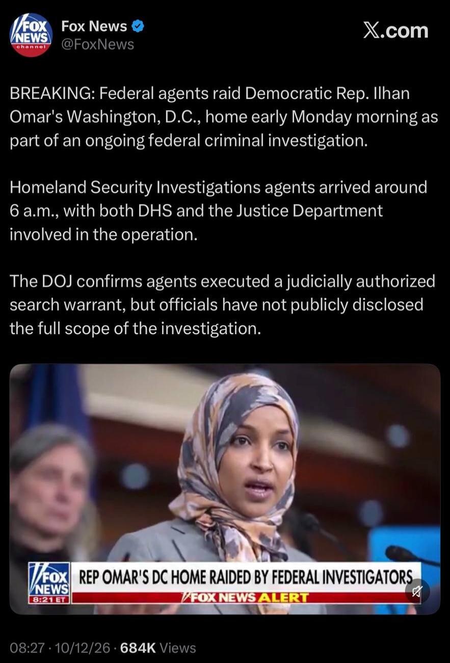 BREAKING: Federal agents raided Democratic Rep. Ilhan Omar's Washington, D.C., home early Monday morning as part of an ongoing federal criminal investigation. Homeland Security Investigations agents arrived around 6 a.m., with both DHS and the Justice Department involved in the operation. The DOJ confirms agents executed a judicially authorized sea