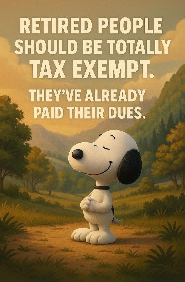 RETIRED PEOPLE SHOULD BE TOTALLY TAX EXEMPT. THEY'VE ALREADY PAID THEIR DUES.