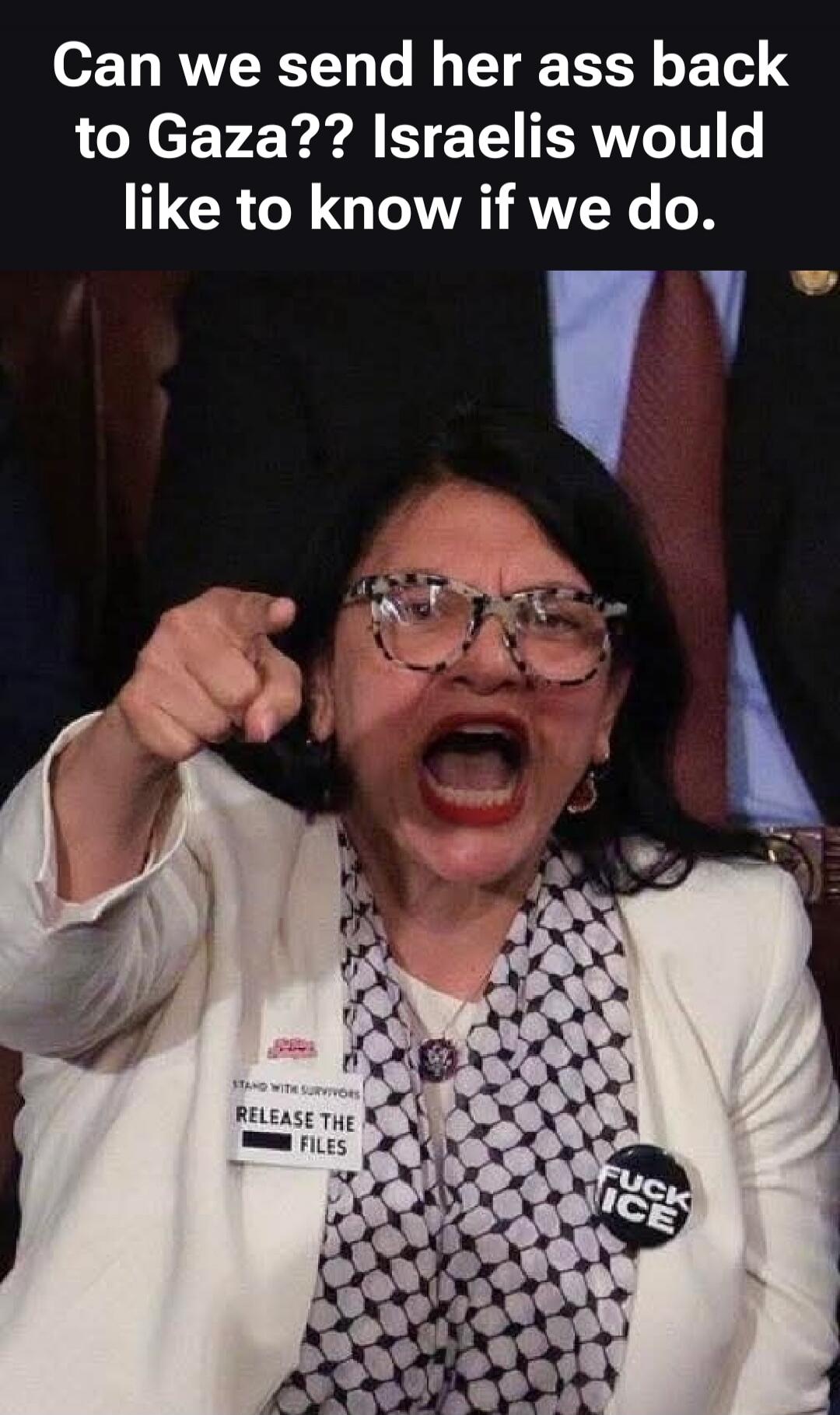 Can we send her ass back to Gaza?? Israelis would like to know if we do. STAND WITH SURVIVORS. RELEASE THE FILES. FUCK ICE.