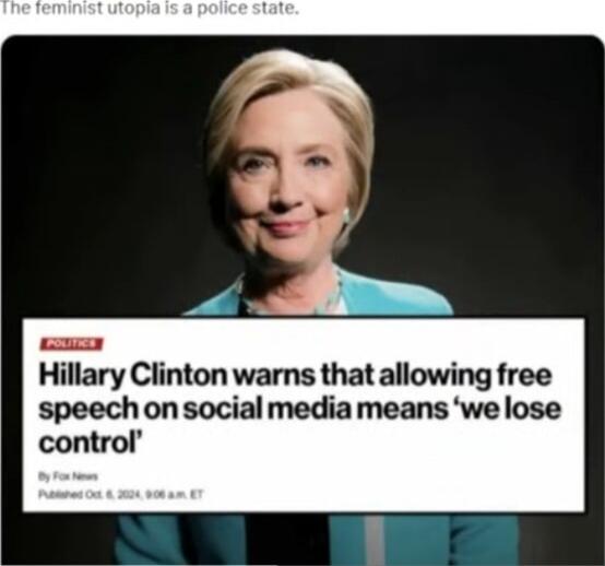 The feminist utopia is a police state. Hillary Clinton warns that allowing free speech on social media means ‘we lose control’