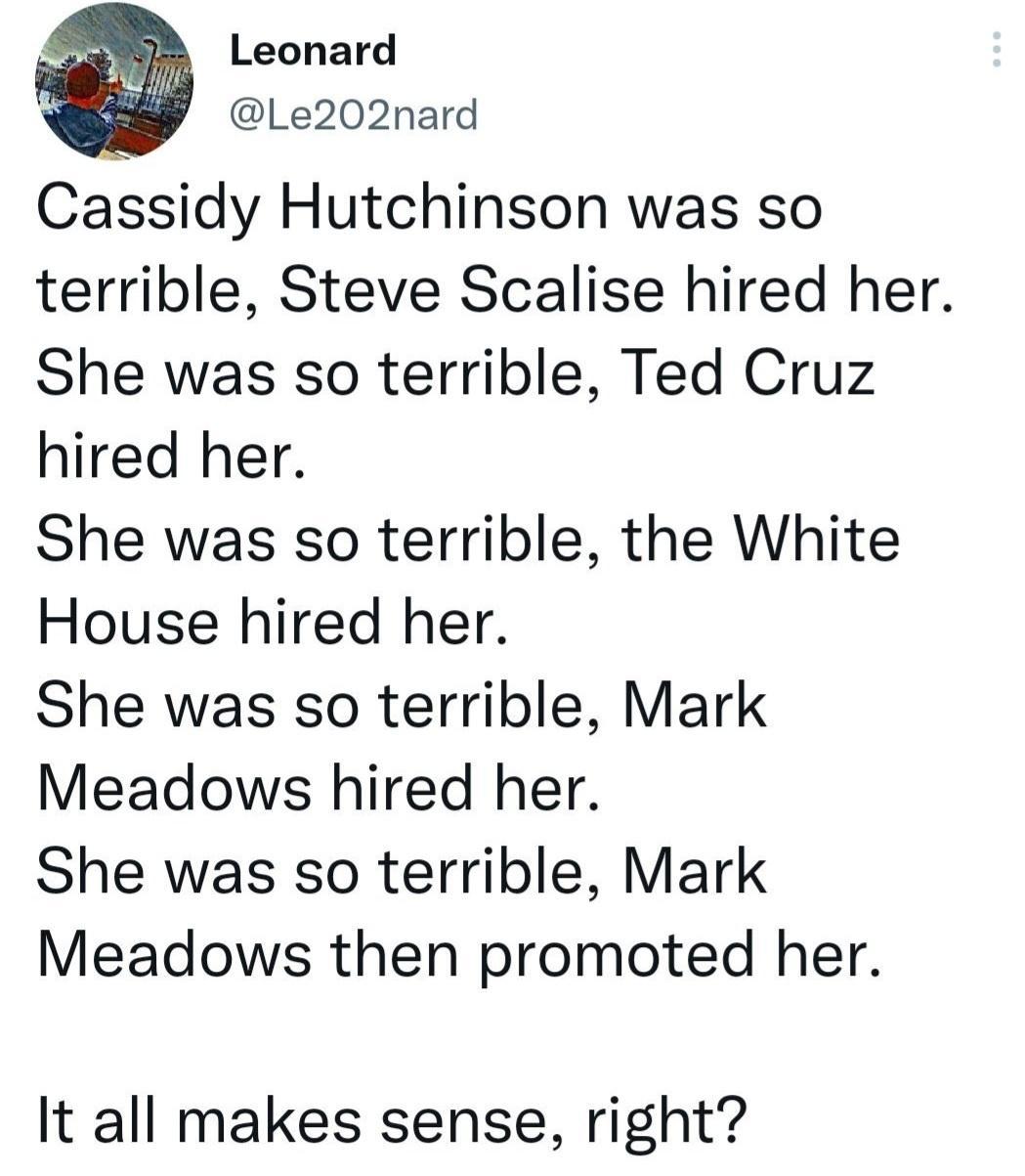 a Leonard Le202nard Cassidy Hutchinson was so terrible Steve Scalise hired her She was so terrible Ted Cruz hired her She was so terrible the White House hired her She was so terrible Mark Meadows hired her She was so terrible Mark Meadows then promoted her It all makes sense right