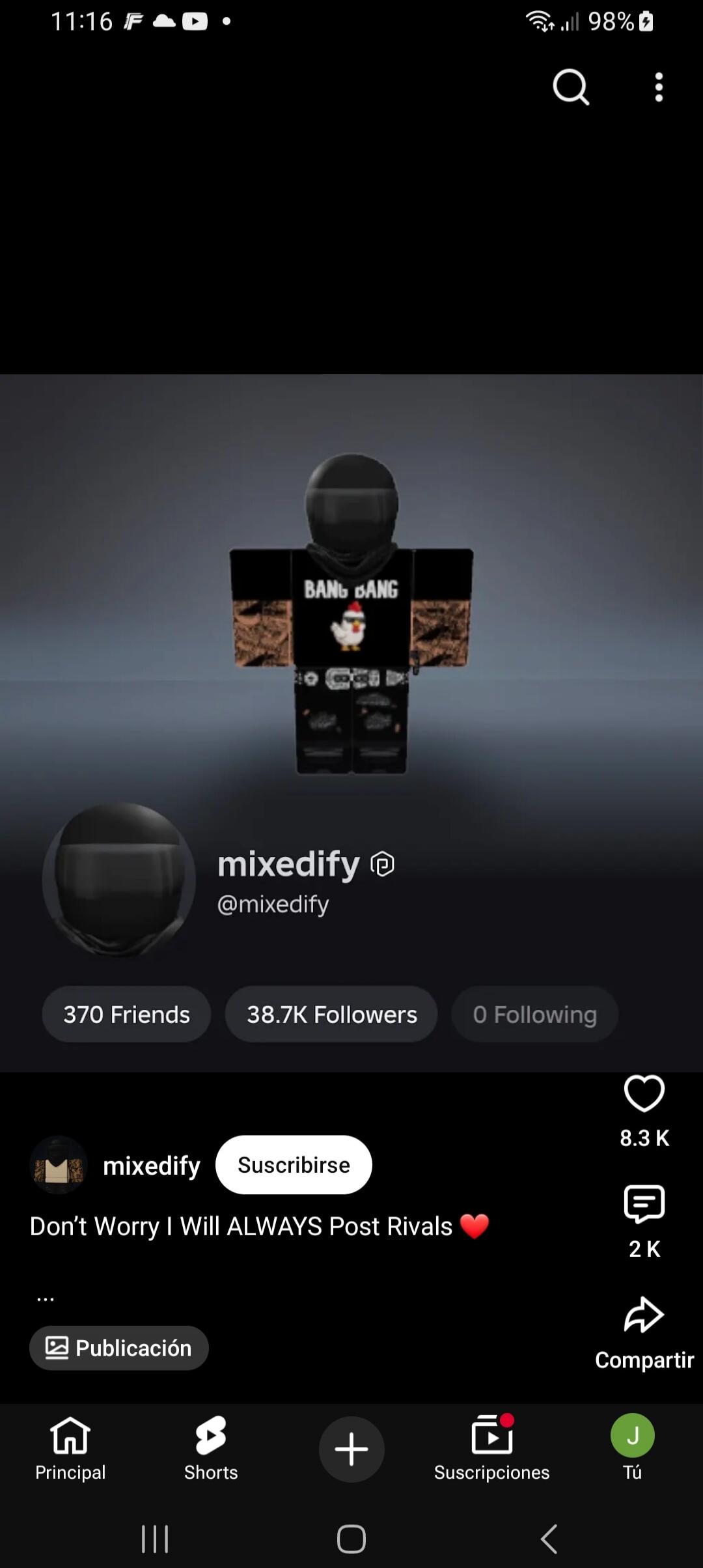 mixedify. Don't Worry I Will ALWAYS Post Rivals. BANG BANG. 370 Friends, 38.7K Followers, 0 Following. 8.3K Likes, 2K Comments. Subscribe, Post, Home, Shorts, Subscriptions, You, Share.