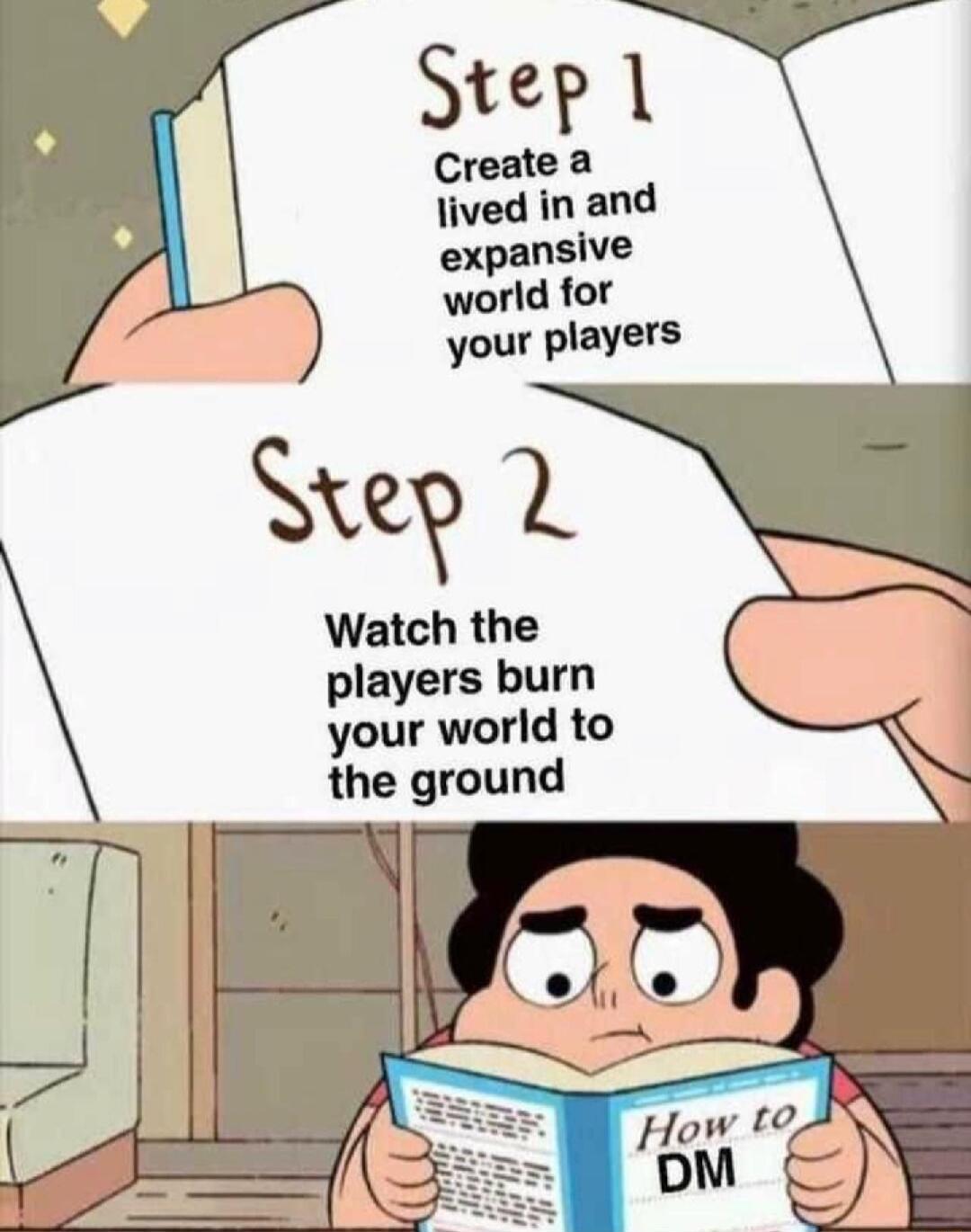 Step 1 Create lived in and expansive world for your players Step L Watch the players burn your world to the ground