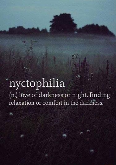 nyctophilia n 1ove of darkness or night finding relaxation or comfort in the darkiiess
