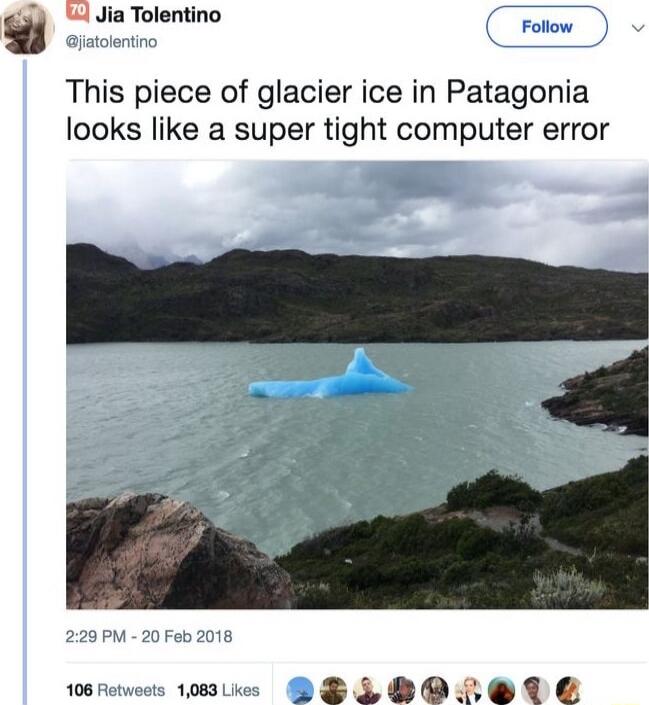 ia Tolentino Follow This piece of glacier ice in Patagonia looks like a super tight computer error
