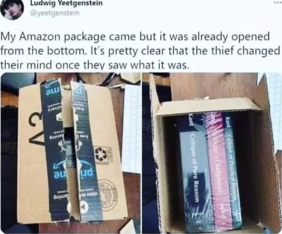 Q Wiy veegensien My Amazon package came but it was already opened from the bottom Its pretty clear that the thief changed their mind once they saw what it was