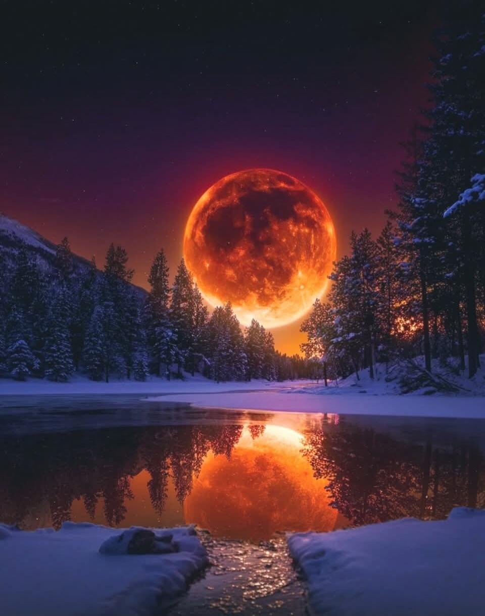 A dramatic orange moon rises over a snowy forest, its reflection shimmering on a calm river.