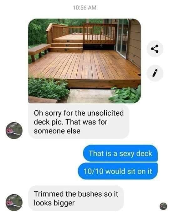 Oh sorry for the unsolicited deck pic That was for someone else Trimmed the bushes so it looks bigger