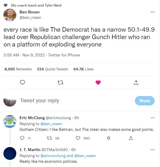 conch foach and Tyler liked Ben Rosen ben rosen every race is like The Democrat has a narrow 501 499 lead over Republican challenger Gunch Hitler who ran on a platform of exploding everyone 355 AM Nov 9 2022 Twiter for Phona 8005 Rotweets 238 Quote Twests 647K Likes o u 23 N Tweet your reply m Y Eric McClung Gericmcciung 61 Replyingto ben rosen Gotham Citizen ke Batman but The Joker siso makes som