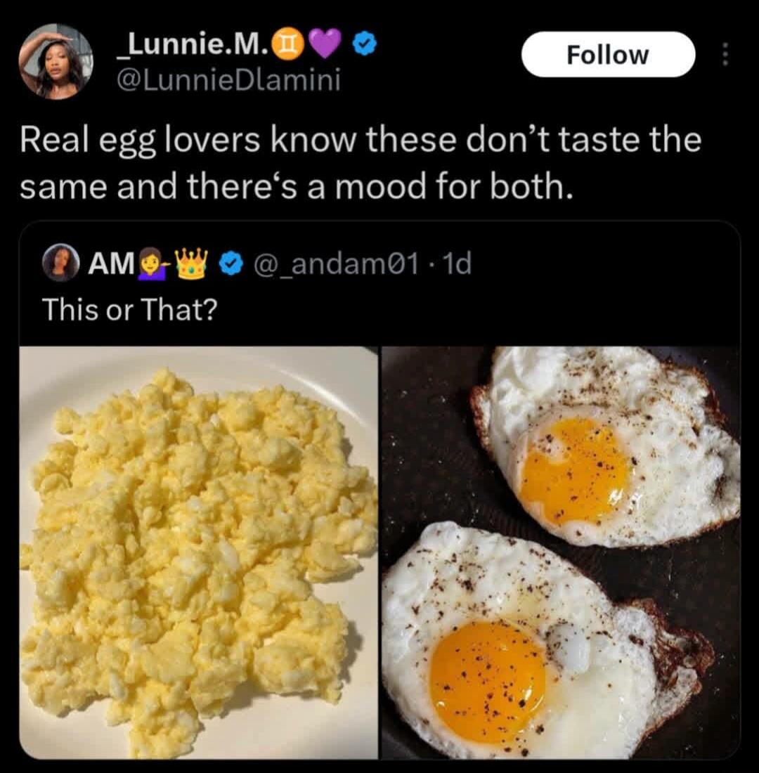 Real egg lovers know these don't taste the same and there's a mood for both. This or That?