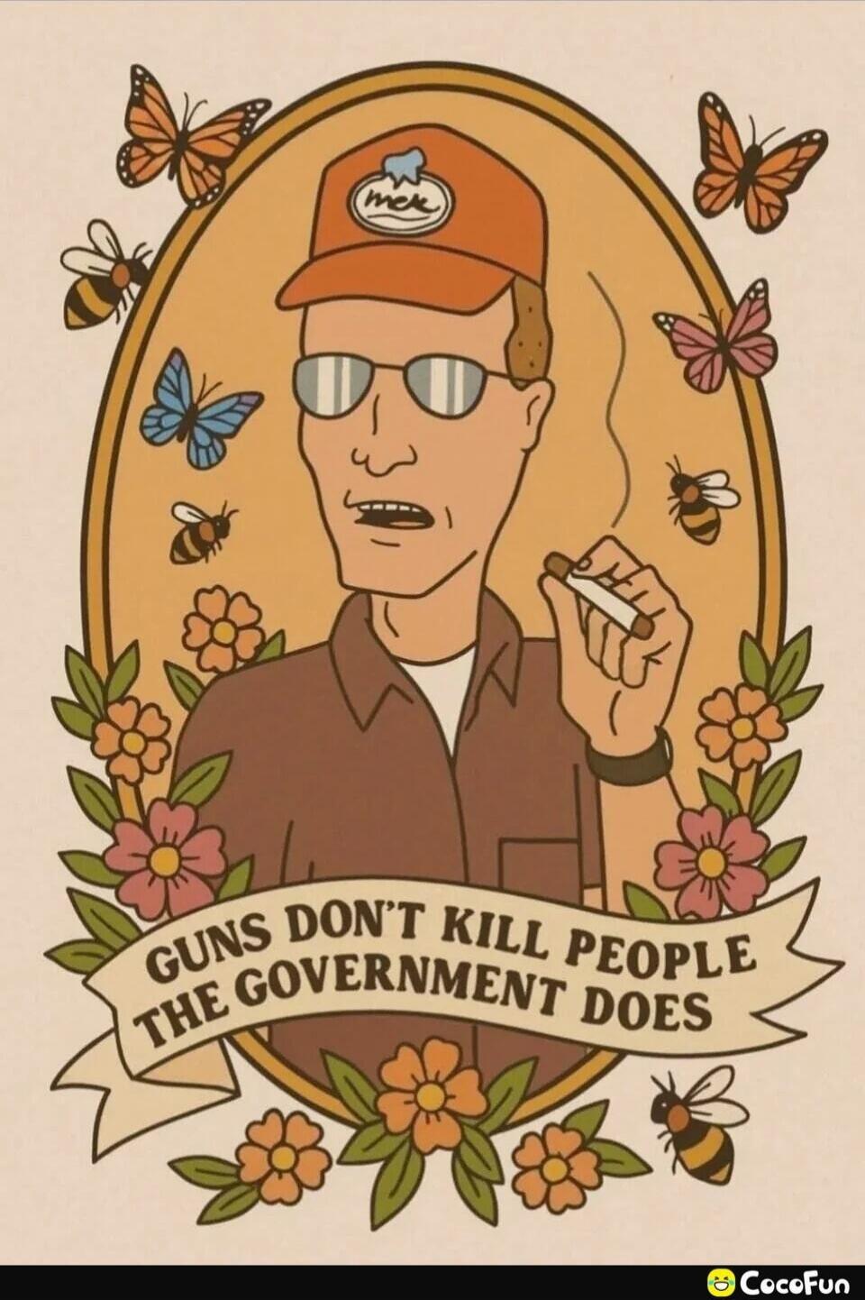 GUNS DON'T KILL PEOPLE THE GOVERNMENT DOES. On the hat, it says 'mek'.