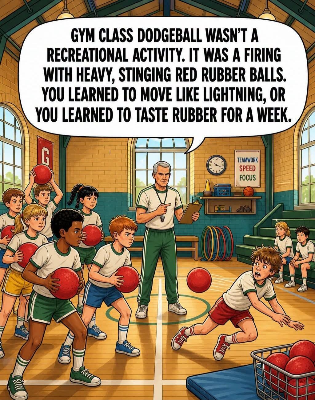 GYM CLASS DODGEBALL WASN'T A RECREATIONAL ACTIVITY. IT WAS A FIRING WITH HEAVY, STINGING RED RUBBER BALLS. YOU LEARNED TO MOVE LIKE LIGHTNING, OR YOU LEARNED TO TASTE RUBBER FOR A WEEK. TEAMWORK SPEED FOCUS