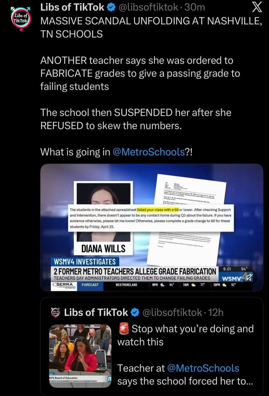 MASSIVE SCANDAL UNFOLDING AT NASHVILLE, TN SCHOOLS. ANOTHER teacher says she was ordered to FABRICATE grades to give a passing grade to failing students. The school then SUSPENDED her after she REFUSED to skew the numbers. What is going in MetroSchools?! The students in the attached spreadsheet failed your class with a 59 or lower. After checking S