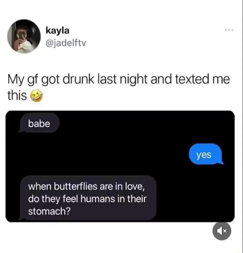 My gf got drunk last night and texted me this when butterflies are in love do they feel humans in their stomach