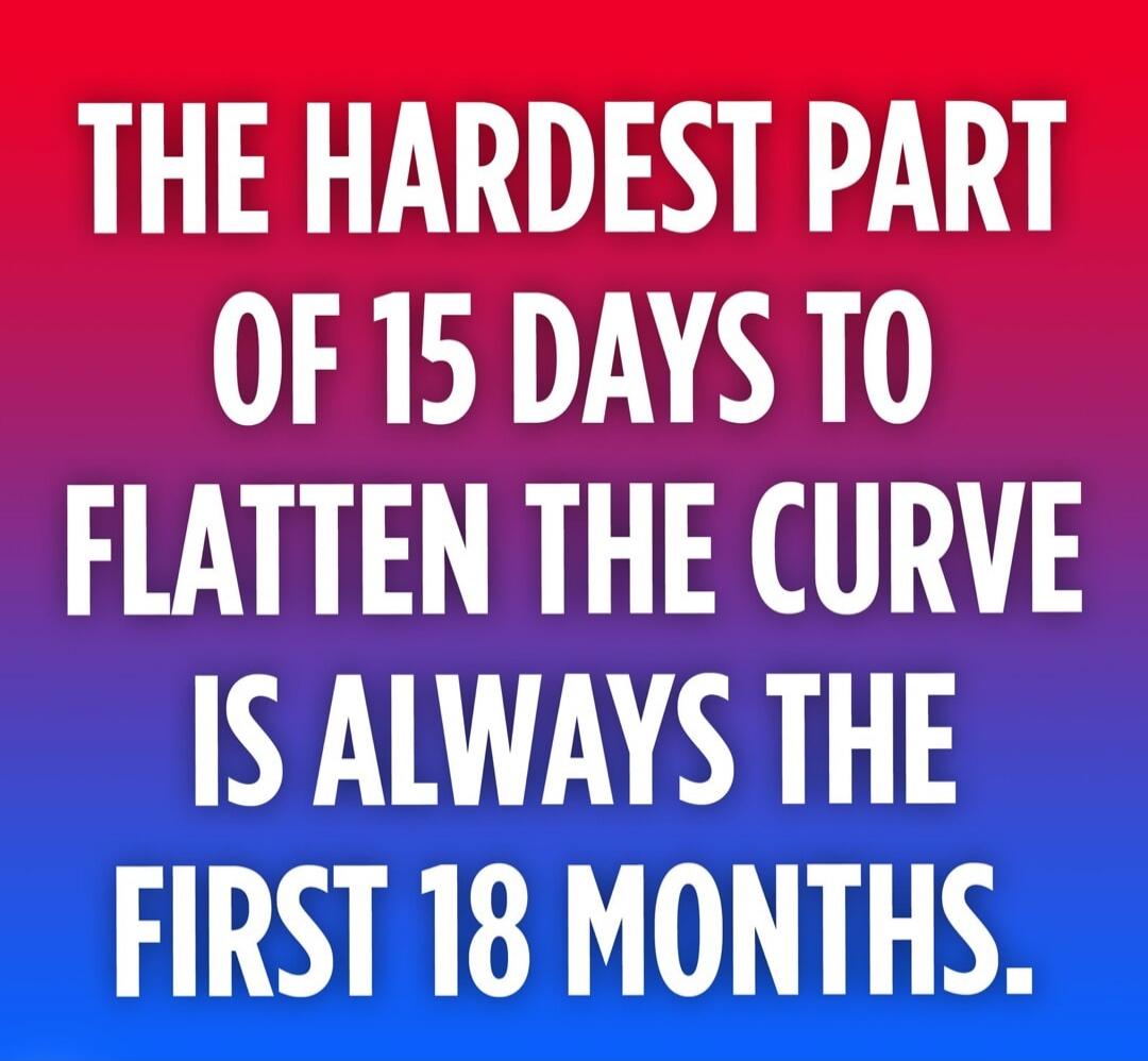 THE HARDEST PART OF 15 DAYS TO FLATTEN THE CURVE IS ALWAYS THE FIRST 18 MONTHS.