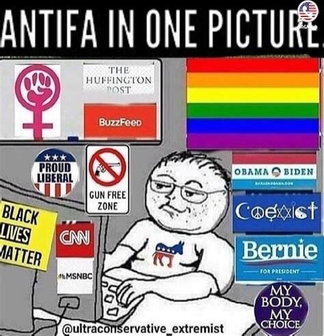 ANTIFA IN ONE PICTURE
The Huffington Post
BuzzFeed
Proud Liberal
Gun Free Zone
Black Lives Matter
CNN
MSNBC
Coexist
Obama Biden
Bernie For President
My Body My Choice
ultraconservativeextremist
