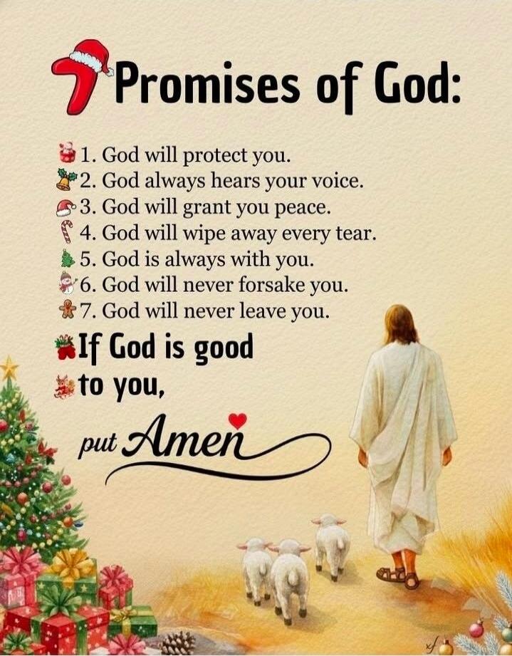7 Promises of God: 1. God will protect you. 2. God always hears your voice. 3. God will grant you peace. 4. God will wipe away every tear. 5. God is always with you. 6. God will never forsake you. 7. God will never leave you. If God is good to you, put Amen